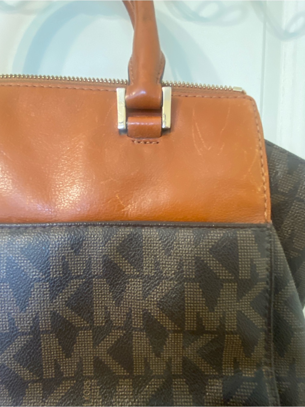 Michael Kors Brown & Tan MK Logo Satchel with Gold Accent - Picture 8 of 13